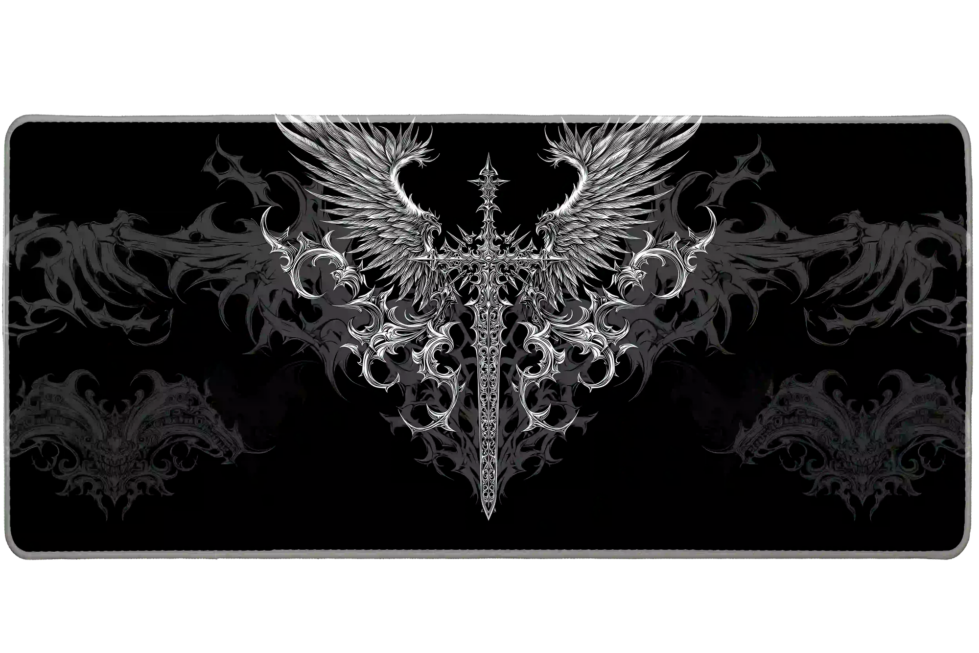 Wide gothic winged sword black and silver desk mat displaying the complete artwork across a desktop
