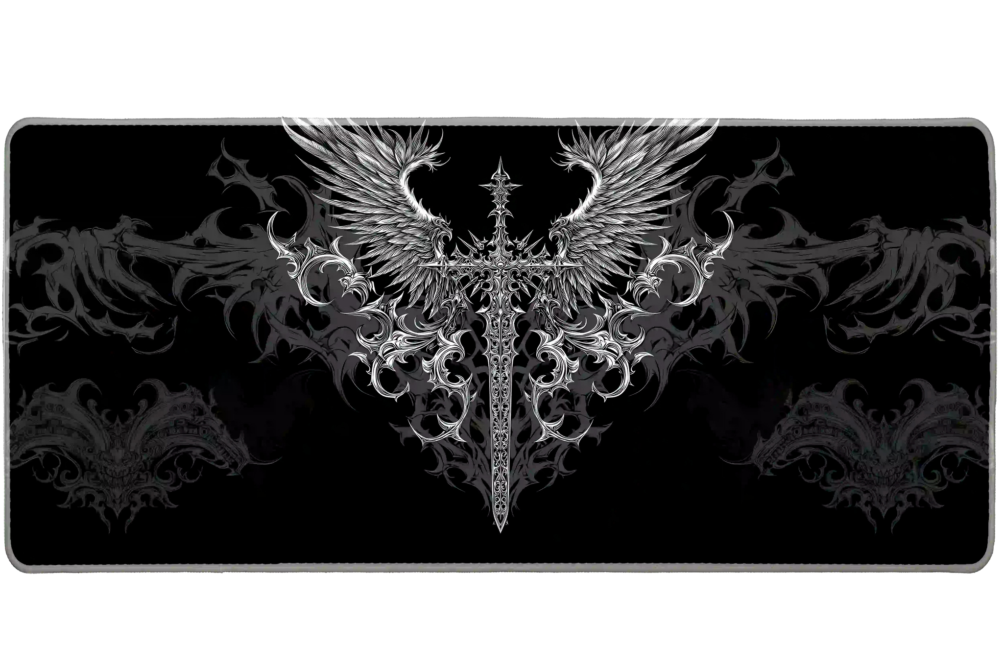 Wide gothic winged sword black and silver desk mat displaying the complete artwork across a desktop