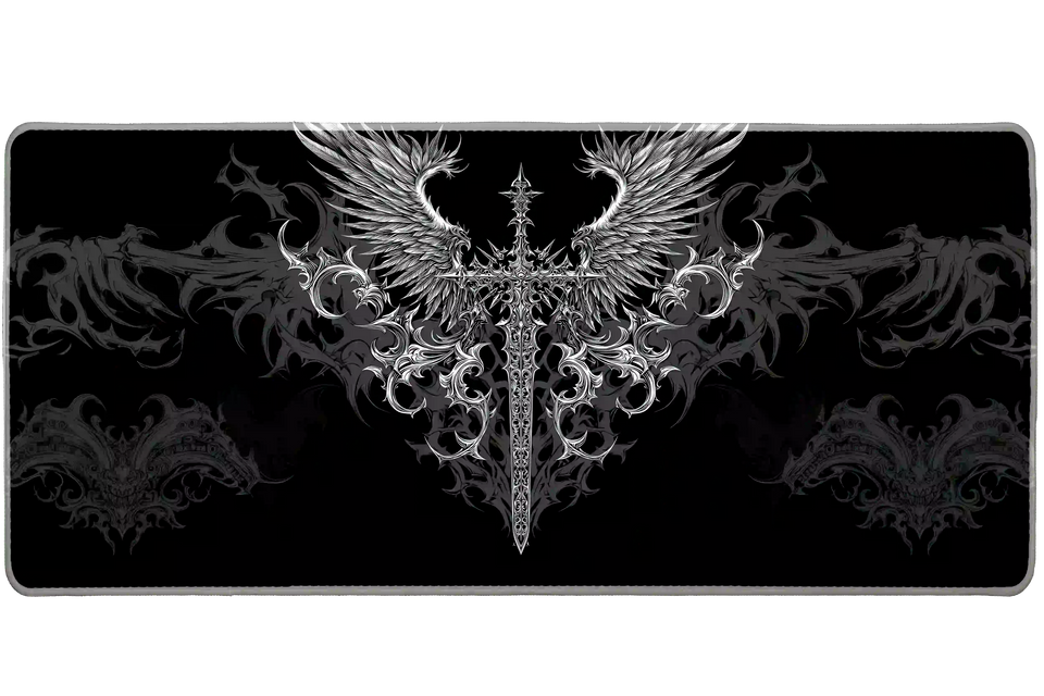 Wide gothic winged sword black and silver desk mat displaying the complete artwork across a desktop