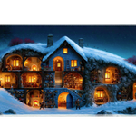 Cozy winter cottage cutaway desk mat shown in its wide-format artwork view