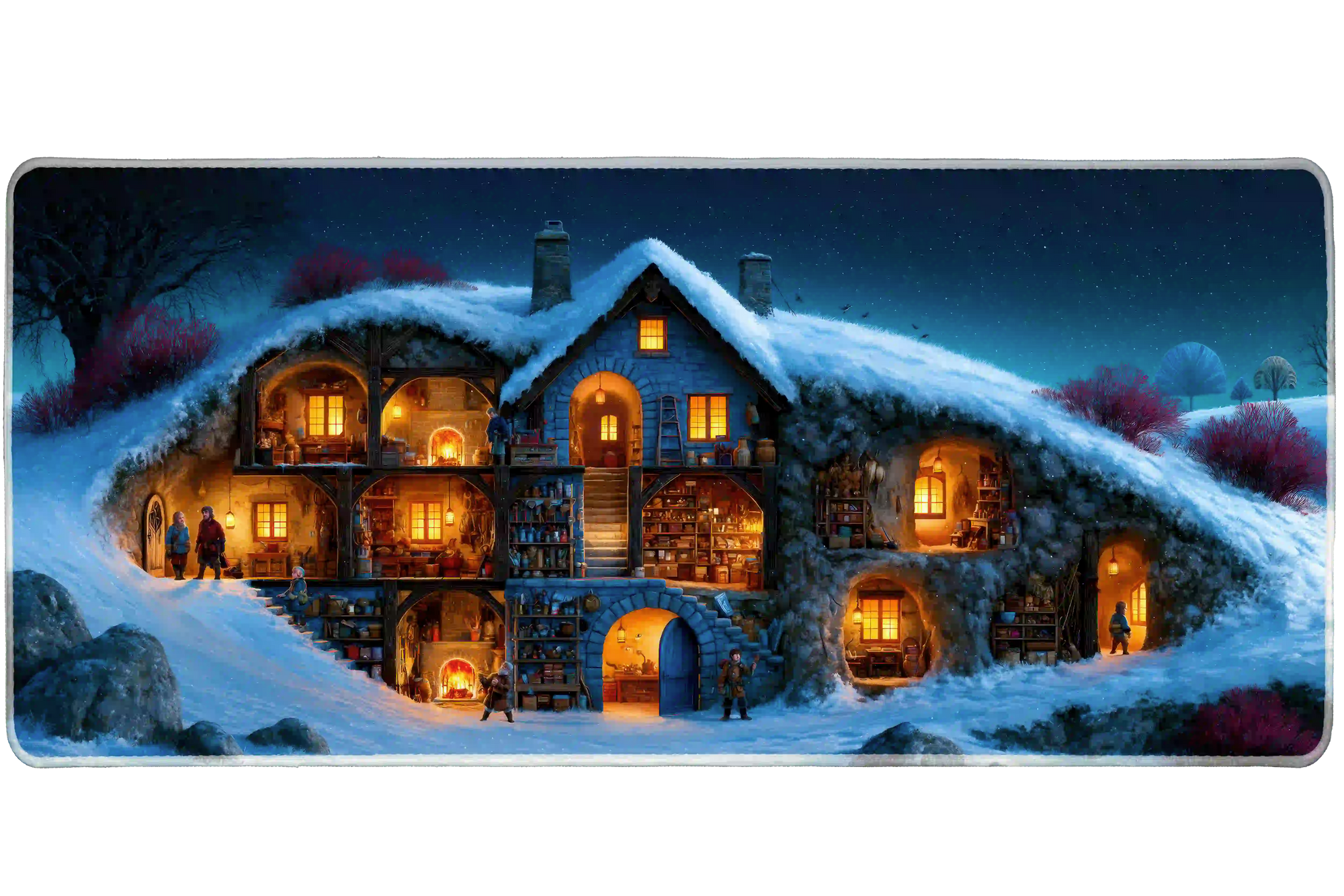 Cozy winter cottage cutaway desk mat shown in its wide-format artwork view