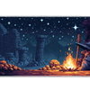 Overhead Pixel Wizard Campfire desk mat view with a pixel wizard resting beside a campfire under the stars