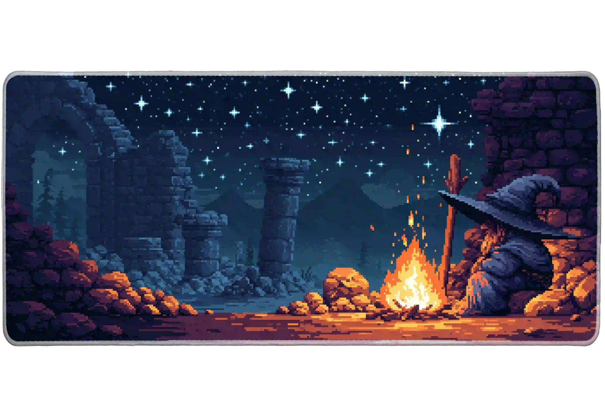 Overhead Pixel Wizard Campfire desk mat view with a pixel wizard resting beside a campfire under the stars