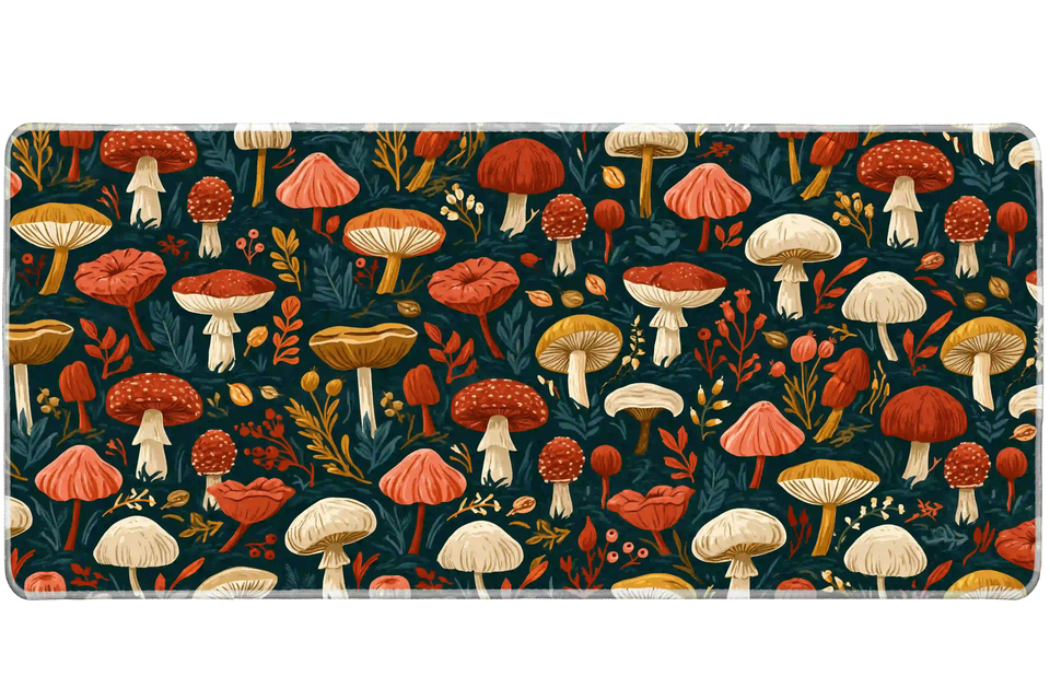 Woodland mushroom desk mat with rust-red, coral, cream and ochre fungi and delicate leaves on deep teal