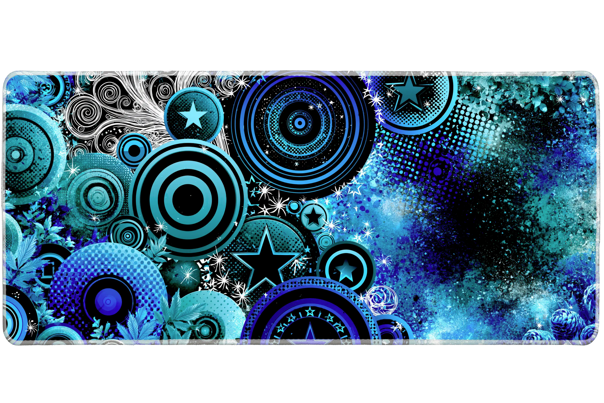 Y2K Blue Pop Art desk mat artwork in a wide product view