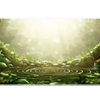 Zen bamboo garden desk mat with green foliage, white blossoms, mossy stones and a sunlit pond with circular ripples