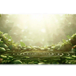 Zen bamboo garden desk mat with green foliage, white blossoms, mossy stones and a sunlit pond with circular ripples