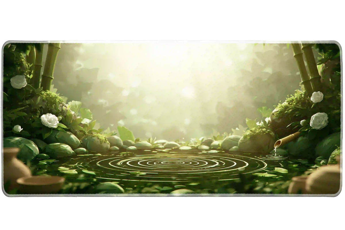 Zen bamboo garden desk mat with green foliage, white blossoms, mossy stones and a sunlit pond with circular ripples
