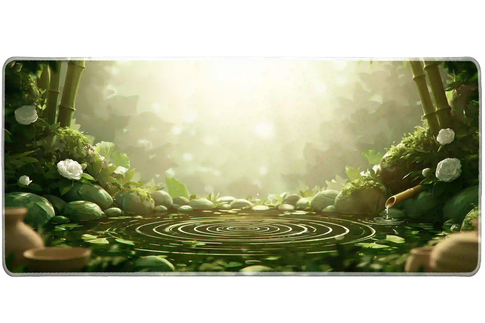 Zen bamboo garden desk mat with green foliage, white blossoms, mossy stones and a sunlit pond with circular ripples