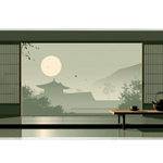 Zen Tea Room Desk Mat | Japanese Garden Mouse Pad artwork on an extended desk mat with quiet tea room and Japanese garden artwork