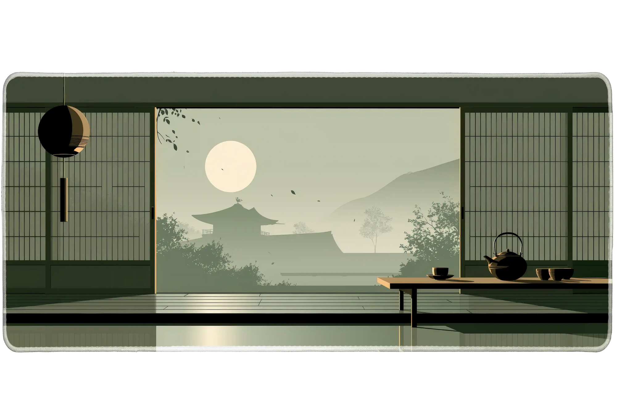 Zen Tea Room Desk Mat | Japanese Garden Mouse Pad artwork on an extended desk mat with quiet tea room and Japanese garden artwork