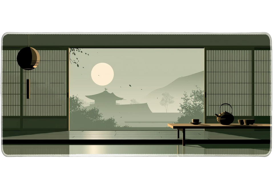 Zen Tea Room Desk Mat | Japanese Garden Mouse Pad artwork on an extended desk mat with quiet tea room and Japanese garden artwork