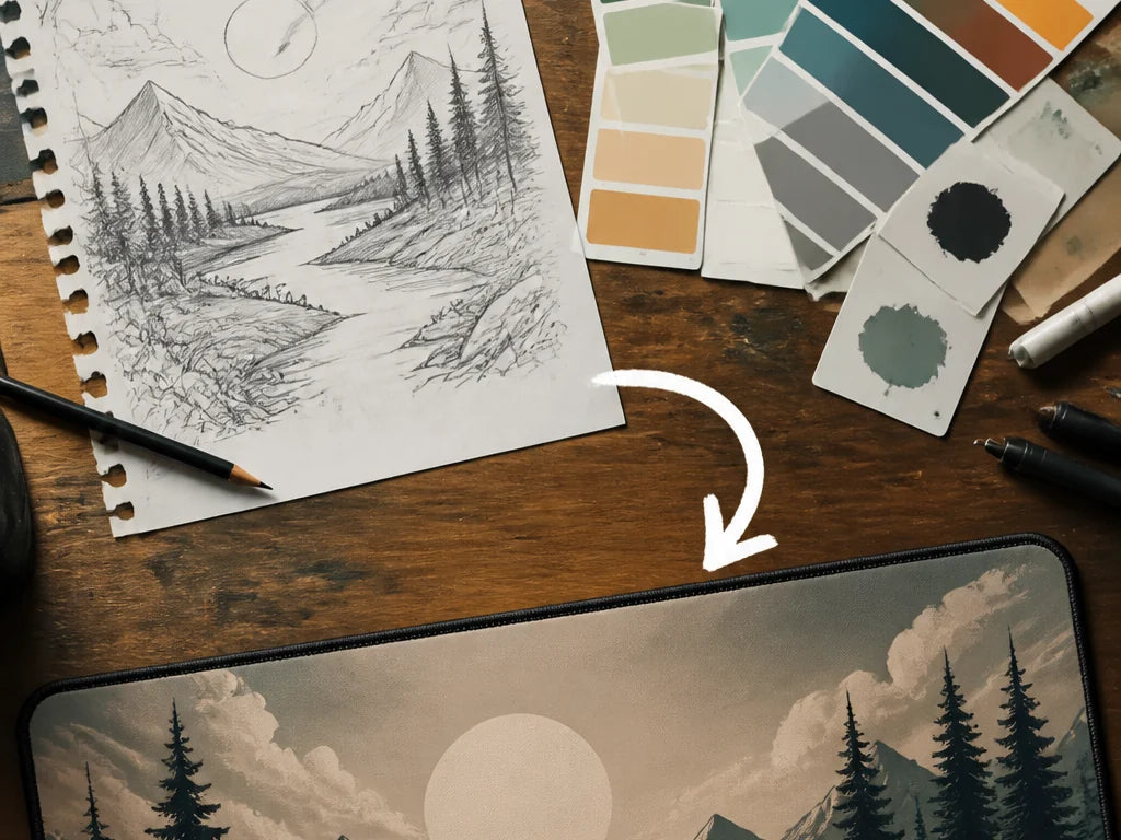 An artist's landscape sketch and color palette becoming a custom printed desk mat