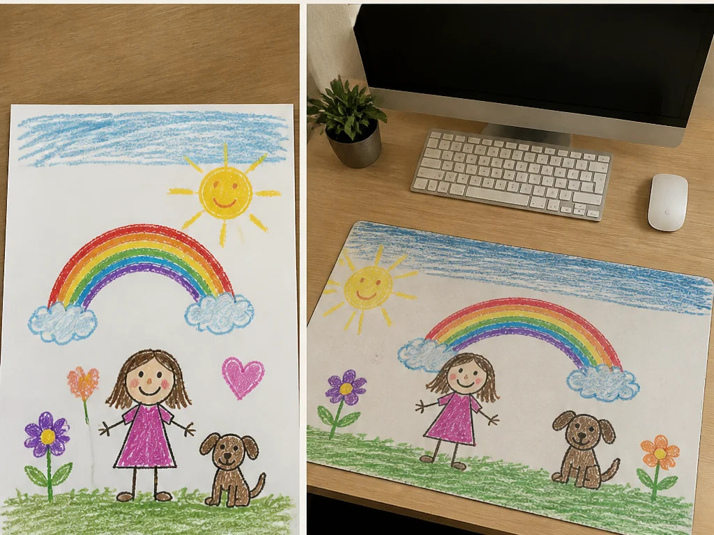 A child's drawing shown beside the same artwork printed on a custom desk mat