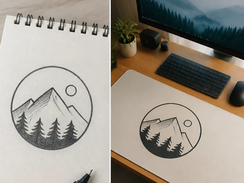 A hand-drawn studio logo shown beside the finished branded desk mat