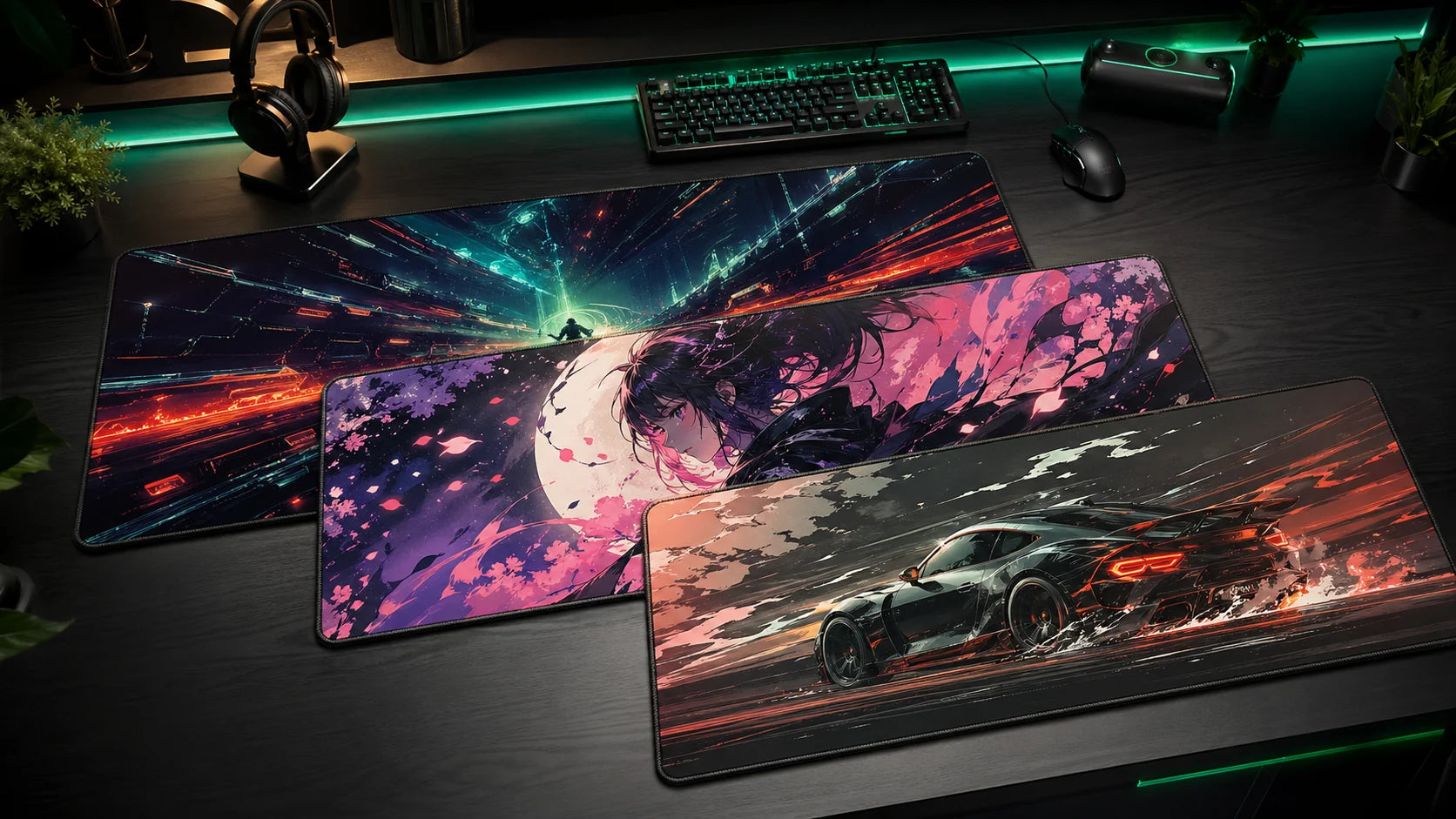 Gaming, anime, and car custom desk mat examples